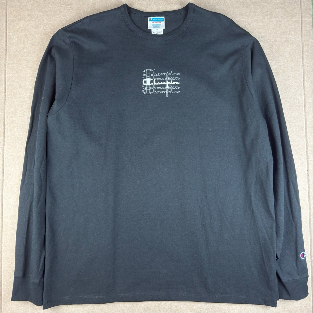 Champion Men 2XL Black Long Sleeve Shirt Script Logo Spellout‎ Graphic Tee